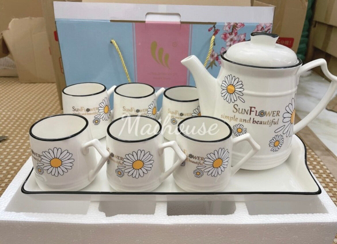 Bộ ấm trà hoa cúc siêu đẹp, Bộ ấm trà 6 tách sứ kèm khay, bộ ấm trà sứ hoa văn cao cấp Hàn Quốc