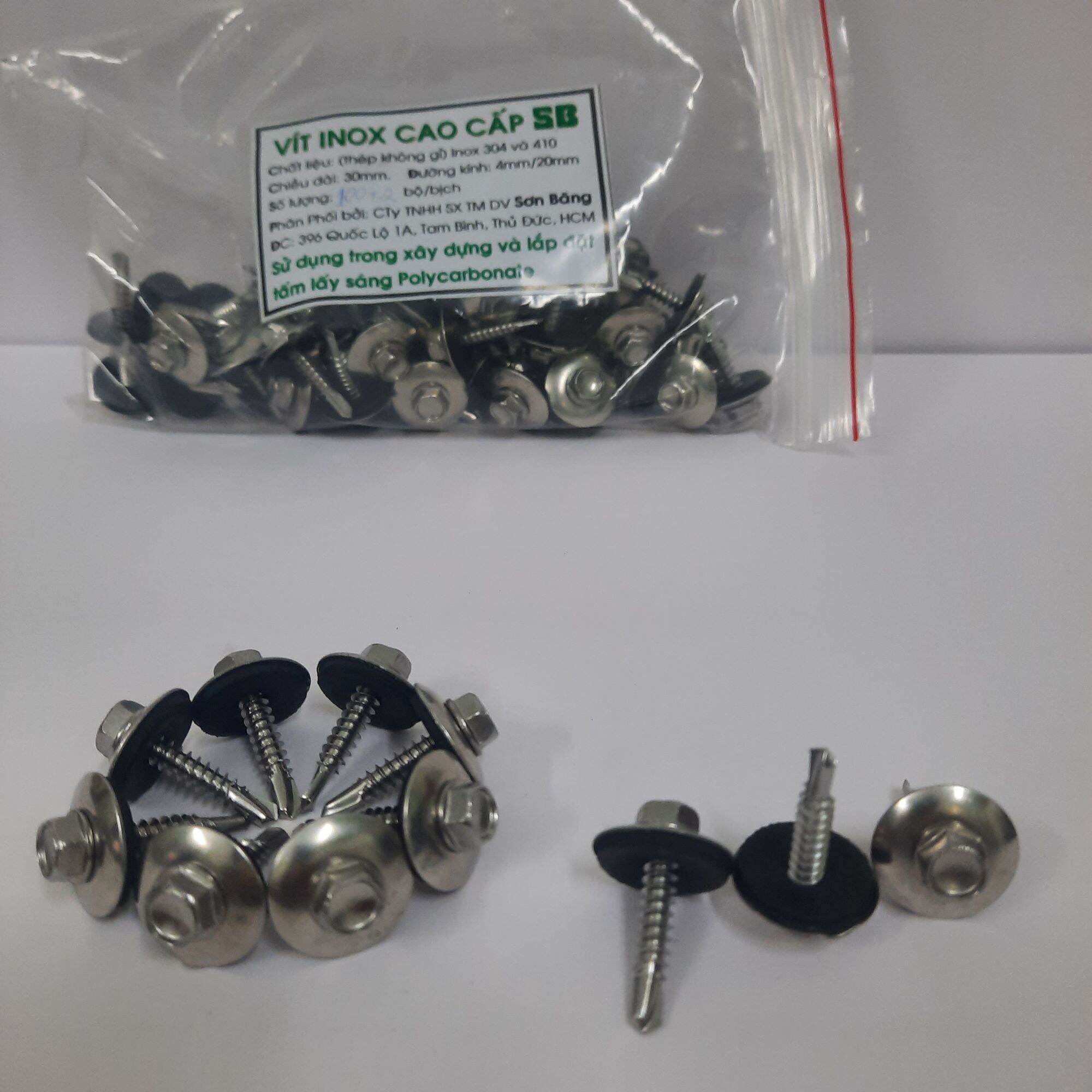 Vít bắn tôn bịch 51 con chất liệu inox 410 chuyên dụng bắn poly, hộp sắt, hộp inox có đầu chụp chống dột