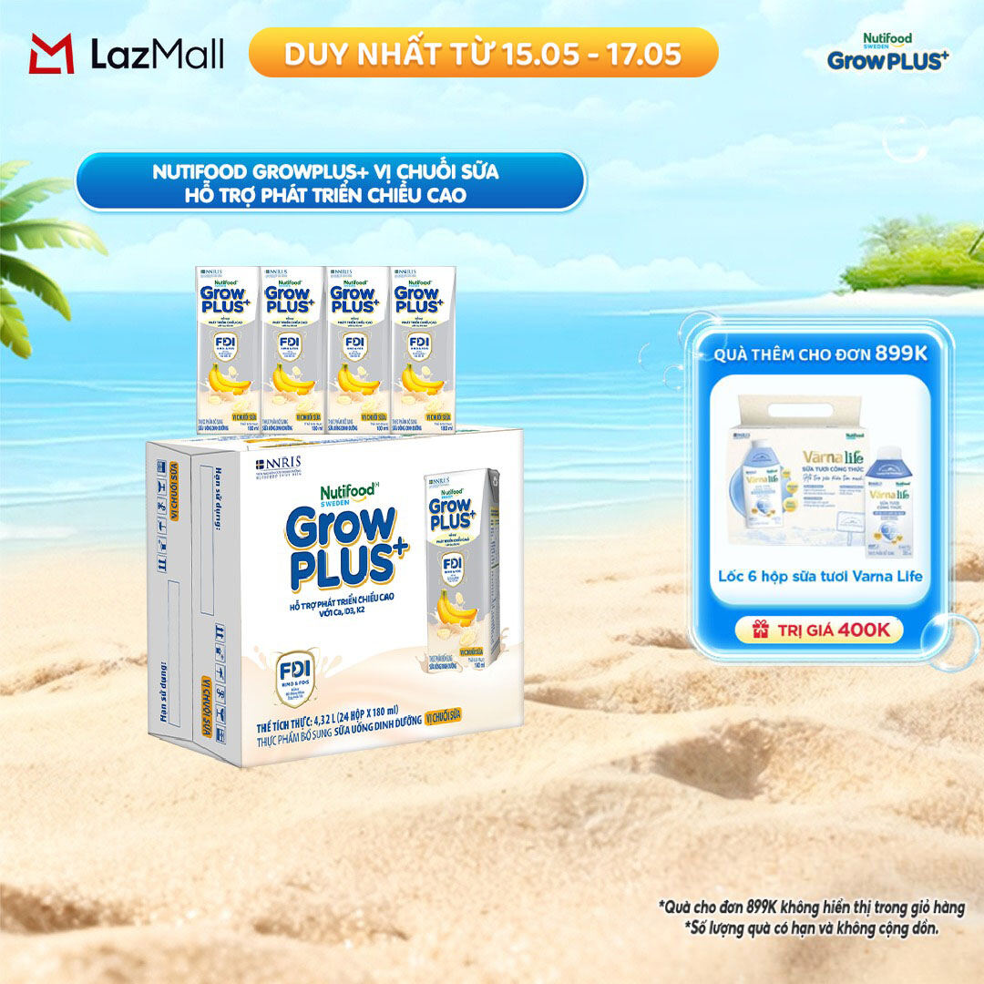 Thùng 24 hộp Sữa bột pha sẵn Nutifood Sweden GrowPLUS+ Vị Chuối Sữa hộp 180ml - Hỗ trợ phát triển chiều cao (24 hộp x 180ml)