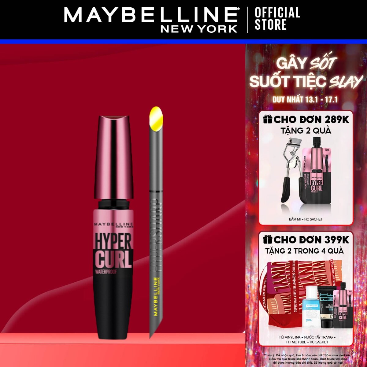 Bộ trang điểm Bút kẻ mắt nước siêu sắc mảnh không lem, trôi Hyper Sharp, Mascara Dài Mi và Cong Mi Hyper Curl Maybelline New York