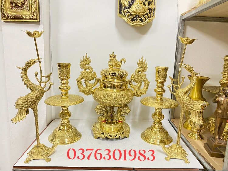 Bộ đỉnh đồng cao 50cm bộ ngũ sự đỉnh hạc nến cao cấp