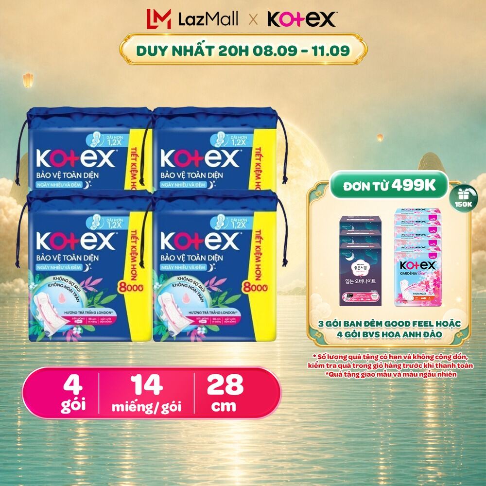 Lốc 4 Gói băng vệ sinh Kotex Bảo Vệ Toàn Diện Ngày Nhiều và Đêm 28cm Siêu Mỏng Cánh 14 miếng/gói [Bao bì thay đổi theo từng đợt nhập hàng]
