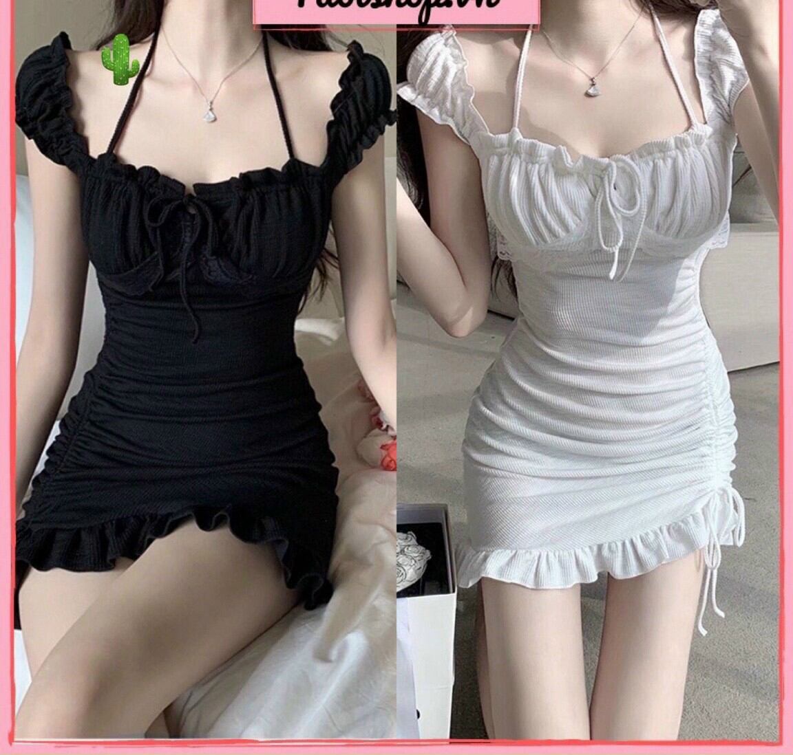 Đầm ôm body dây nhún viền bèo rút dây