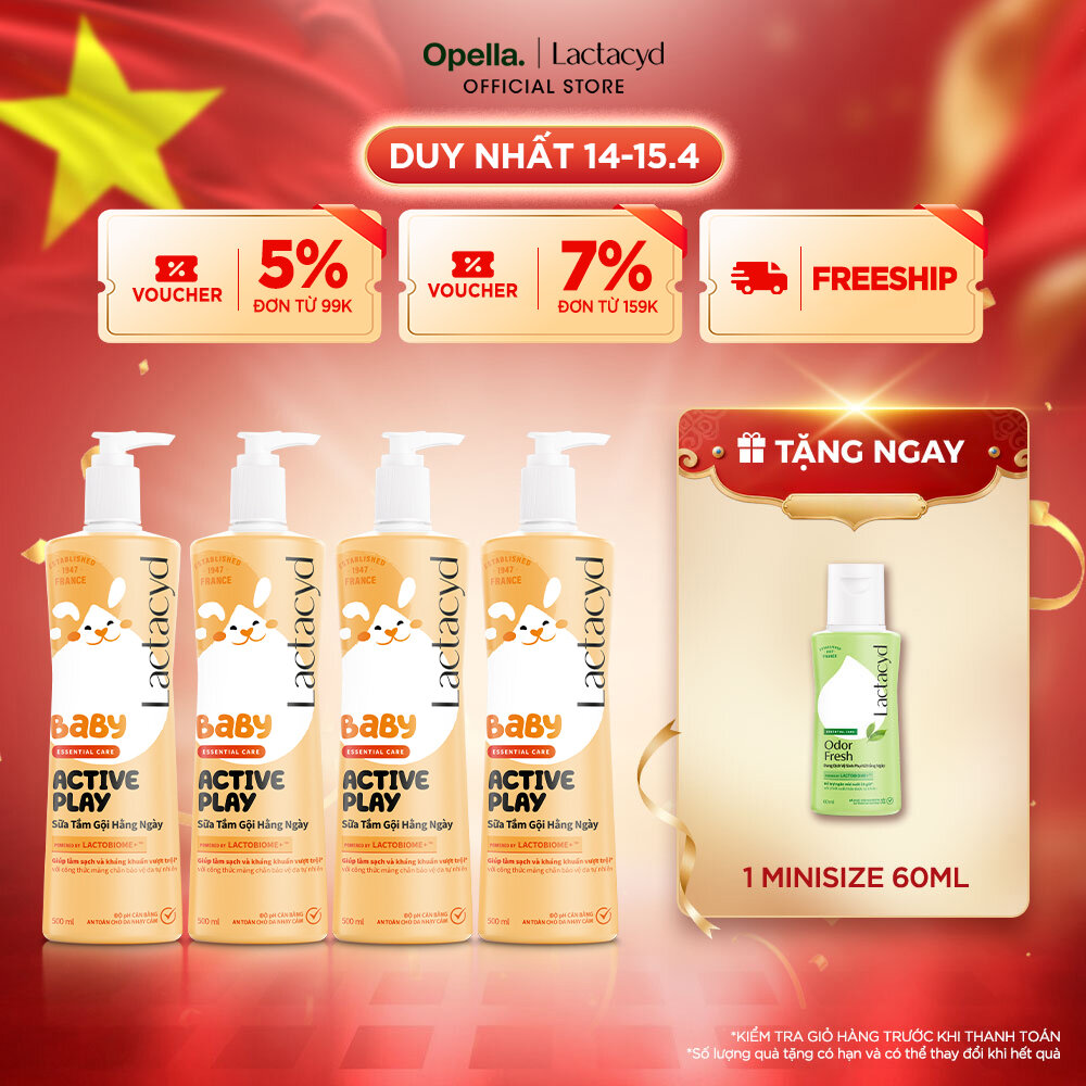 Bộ 4 Sữa Tắm Gội Hằng Ngày Cho Bé Lactacyd Baby Active Play, Giúp Đề Kháng Da Và Bảo Vệ Bé Khỏi Vi Khuẩn 500ml