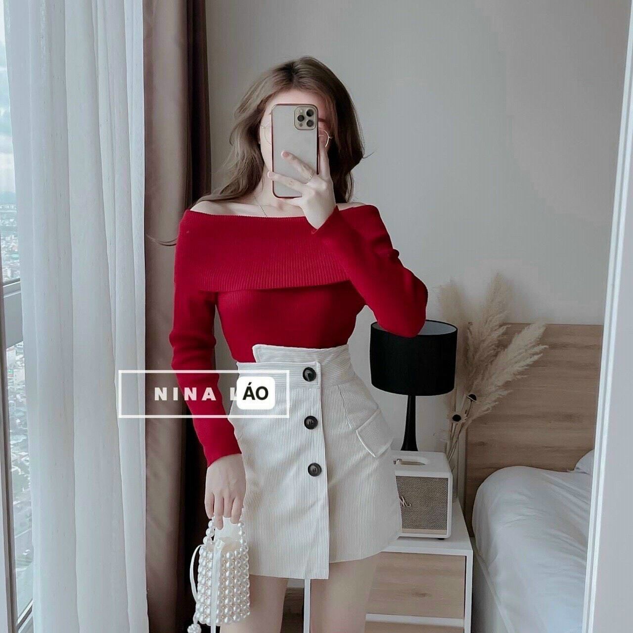 Áo bẹt vai đỏ siêu hot len gân tay dài