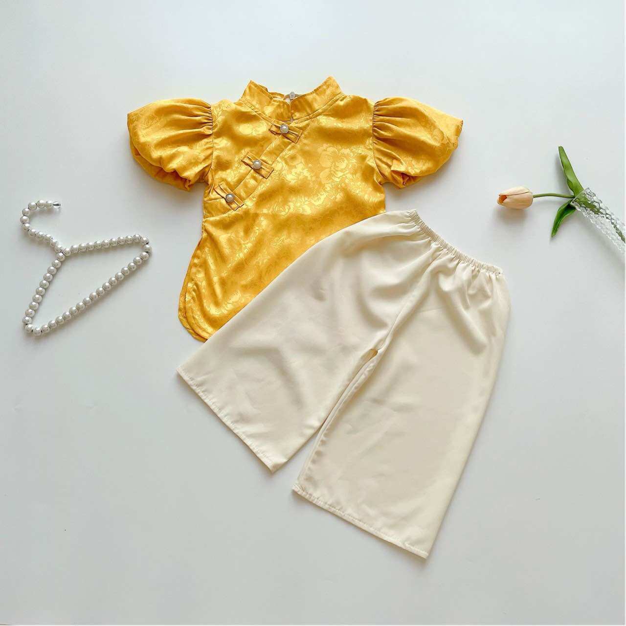 (4-28kg) Bộ Bà Ba Cổ Tàu NHÍM XÙ KIDS Cho Bé Gái Chất Gấm Lụa S032