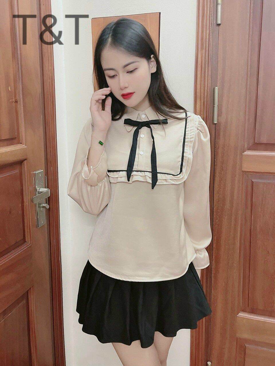 Áo kiểu nữ dài tay phối nơ xinh xắn phối viền đen