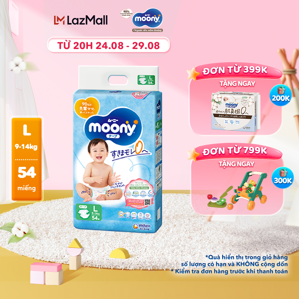  Tã/Bỉm dán cao cấp Moony Blue Size L 54 miếng (9 - 14 kg)