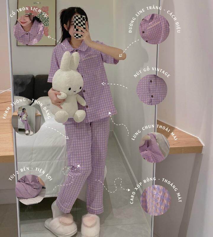Sét bộ pyjama kẻ tay cộc quần dài.