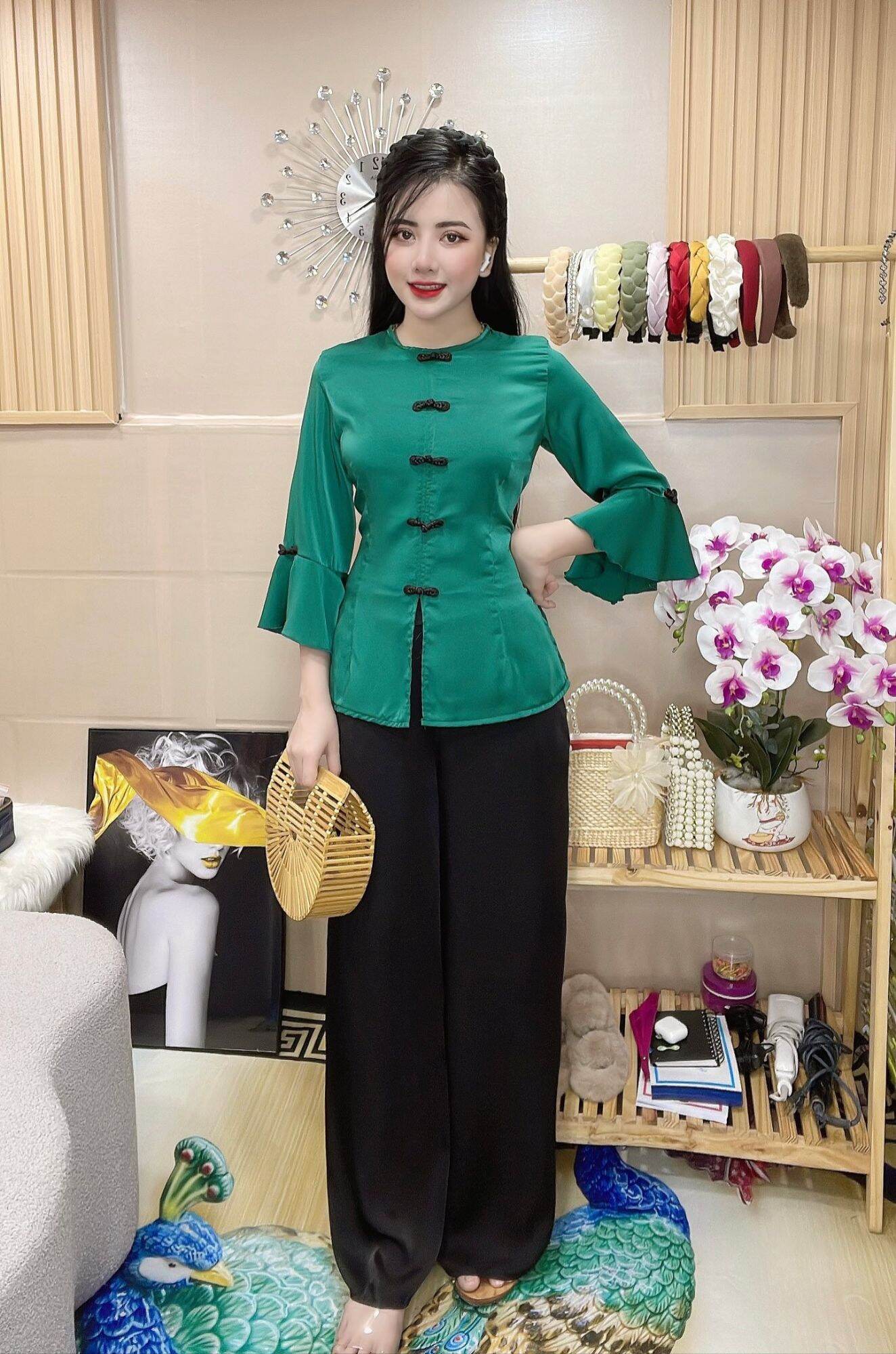SÉT LAM TAY LOA LỤA NGỌC TRAI CAO CẤP - đồ lam đi chùa nử ( freesize dưới 58kg