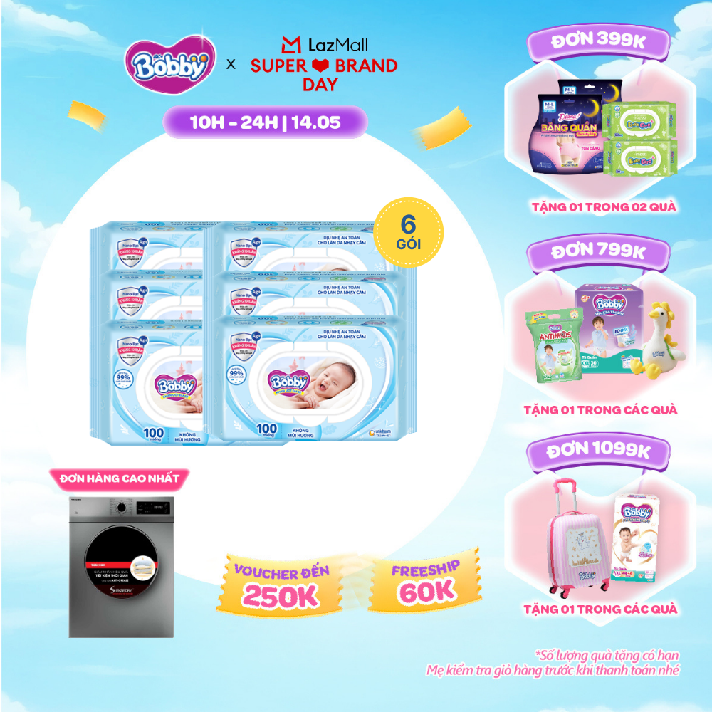 [SALE GIỮA THÁNG tặng QUÀ TO-SLCH]Combo 6 gói khăn ướt Bobby Care không hương 100 miếng/gói
