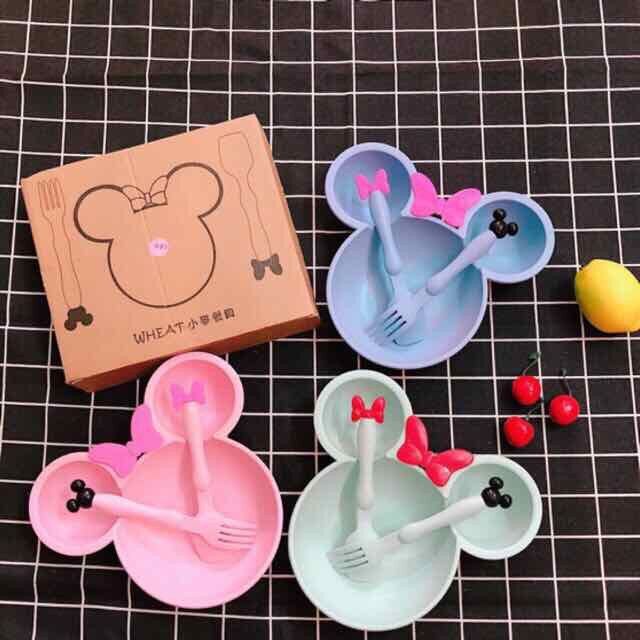 Khay ăn dặm lúa mạch chuột Mickey kèm muỗng nĩa cho bé
