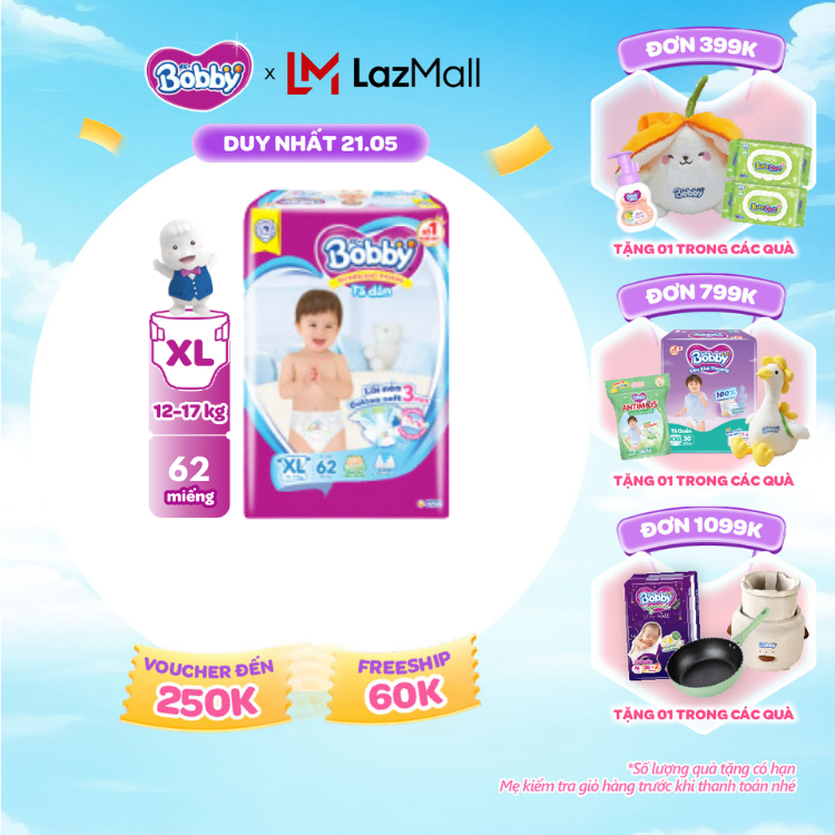 [SALE CUỐI THÁNG tặng QUÀ TO-SLCH]Tã/Bỉm dán Bobby 3mm Ultra Jumbo Siêu khô thoáng XL62