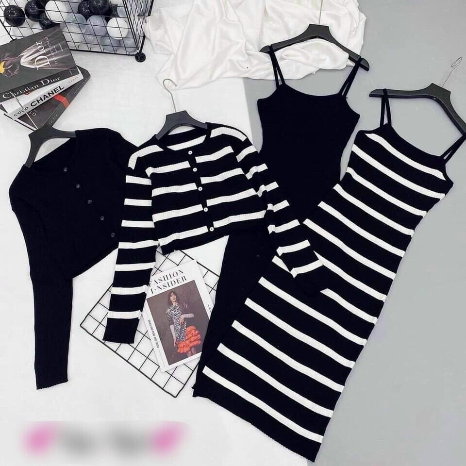 Set váy đầm len body 2 dây mix áo khoác len cadigan hàng QC