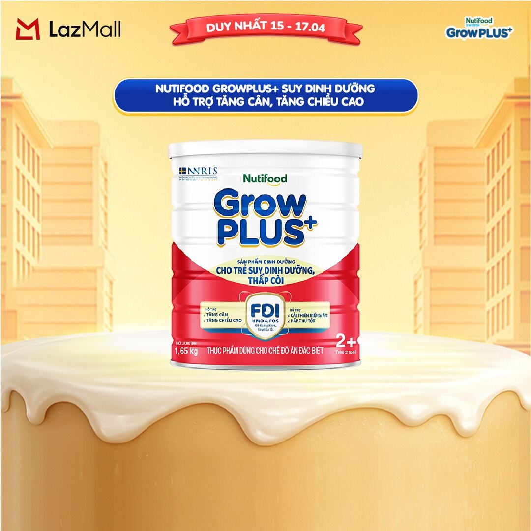 Sữa bột Nutifood GrowPLUS+ Suy Dinh Dưỡng (Đỏ) 2+ - Hỗ trợ tăng cân, tăng chiều cao (Lon 1,65 Kg)
