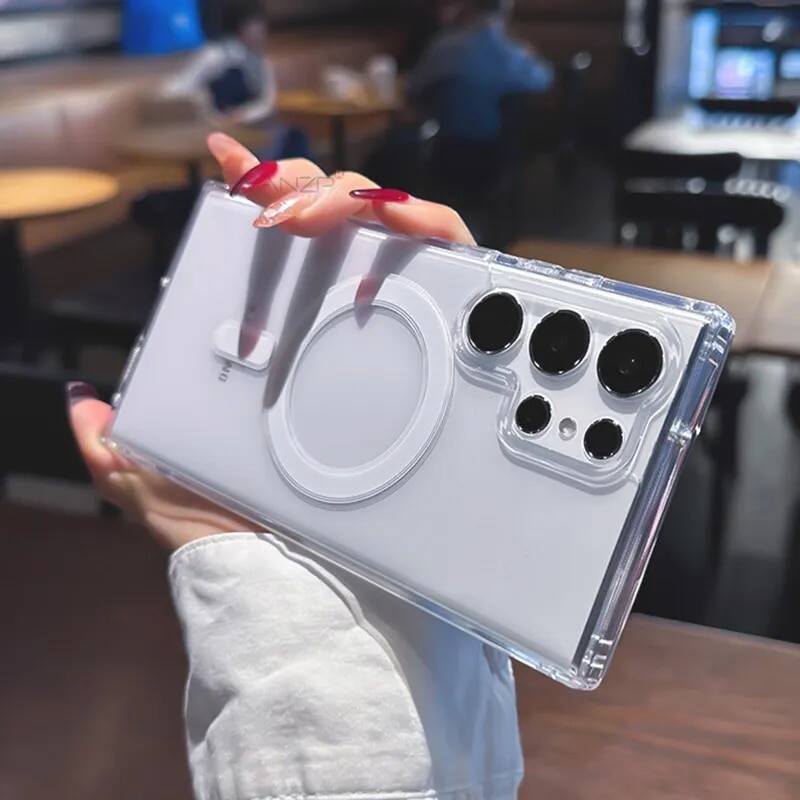 Cho MagSafe chống sốc điện thoại trường hợp sang trọng từ rõ ràng trường hợp đối với Samsung Galaxy S22 S23 siêu cộng với thời trang PC Bìa phụ kiện