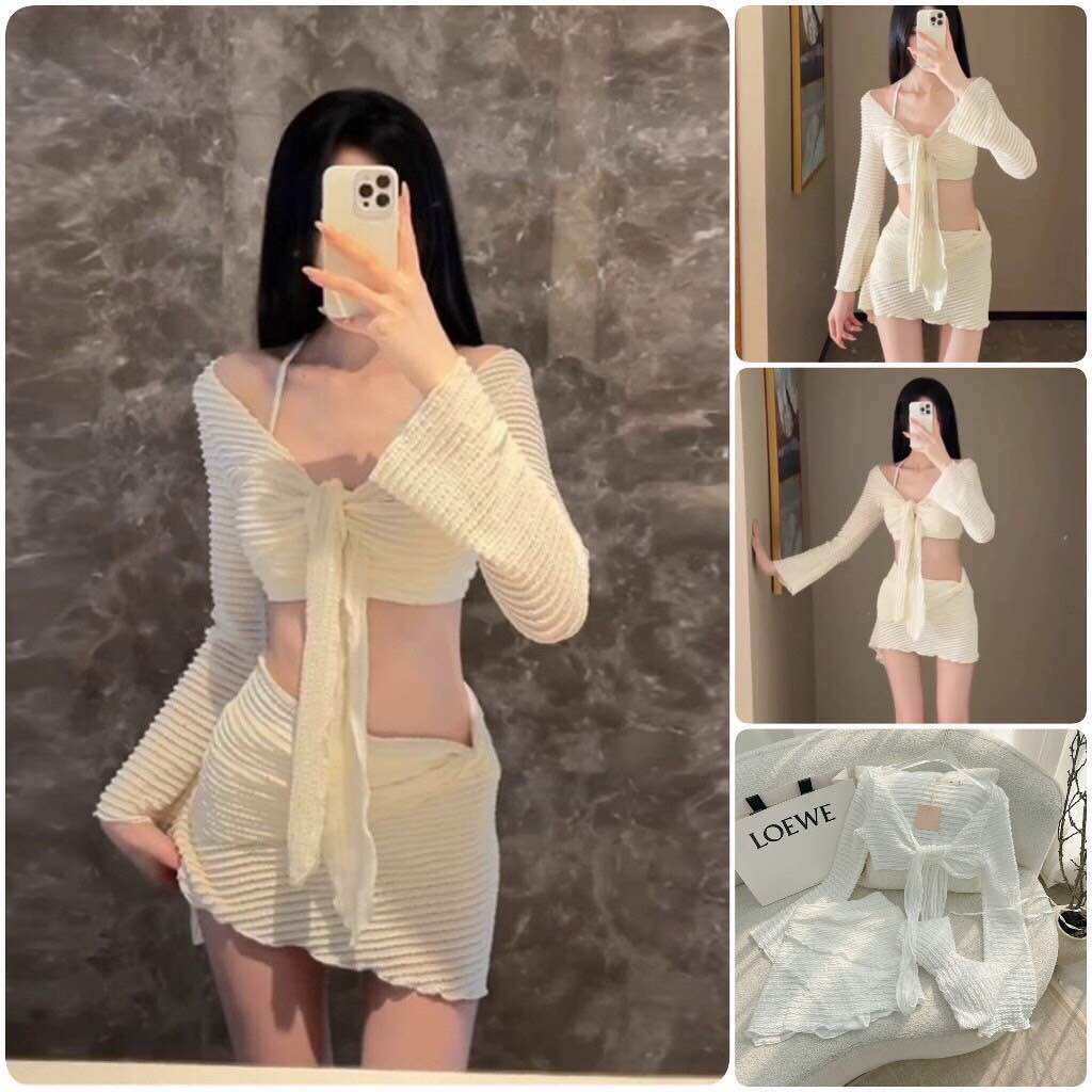 Set bikini đi biển 3 món: áo khoác tay dài loe + áo bra + chân váy