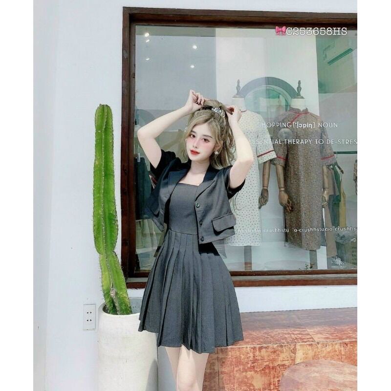 [Ảnh thật] 60-90kg BIGSIZE SET ÁO VEST + ĐẦM XẾP LY