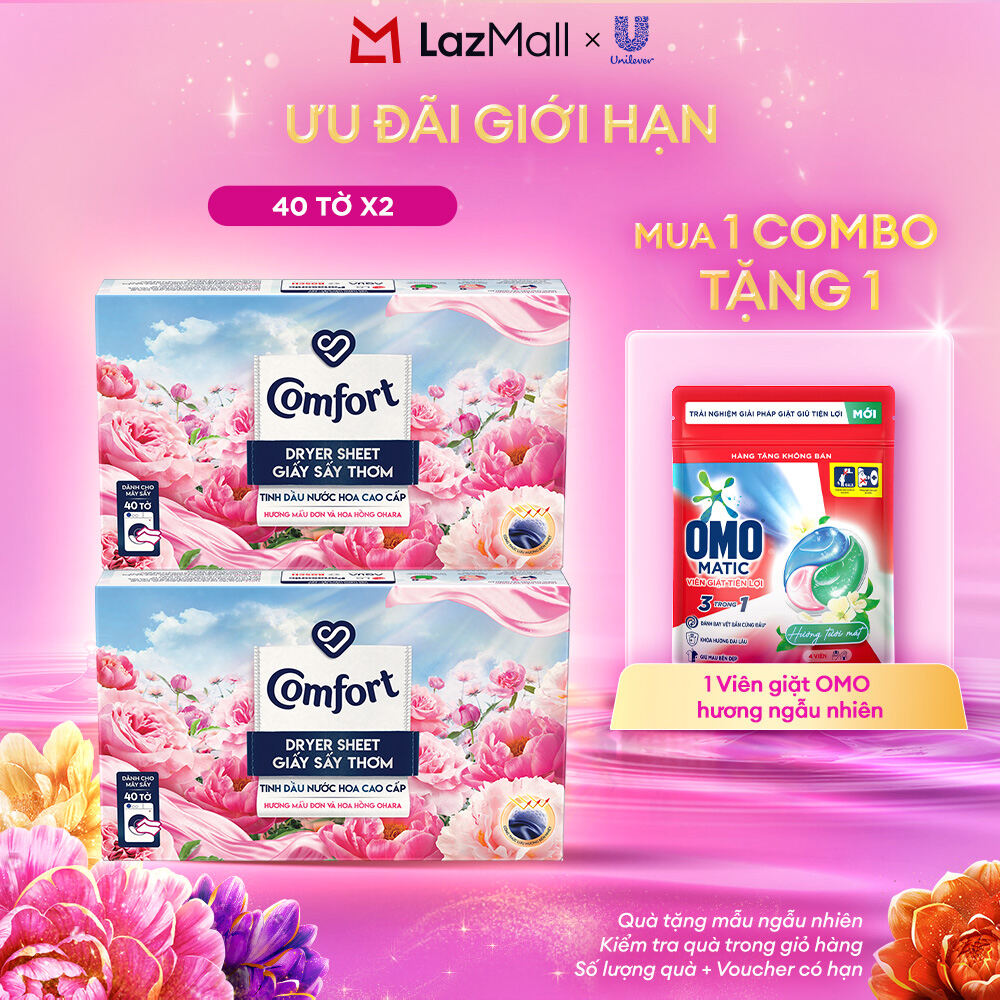 Combo 2 Hộp Giấy Thơm Comfort Hương Mẫu Đơn Và Hoa Hồng Ohara 40 tờ/hộp, Dành Cho Máy Sấy Quần Áo, T