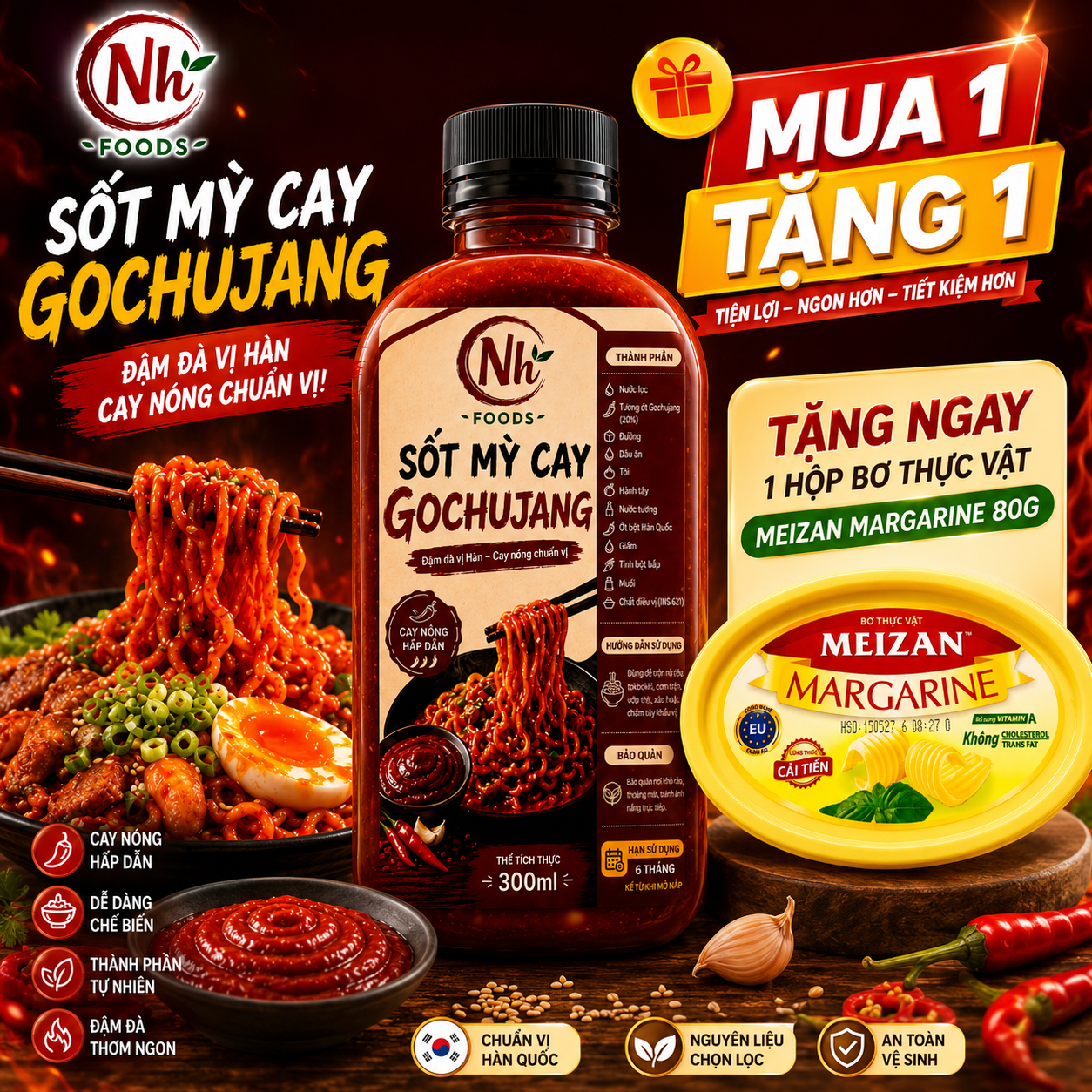 (Mua 1 Tặng 1) Sốt Mỳ Cay Gochujang Nh Foods 300ml – Tặng 1 Hộp Bơ Thực Vật Meizan Margarine 80g