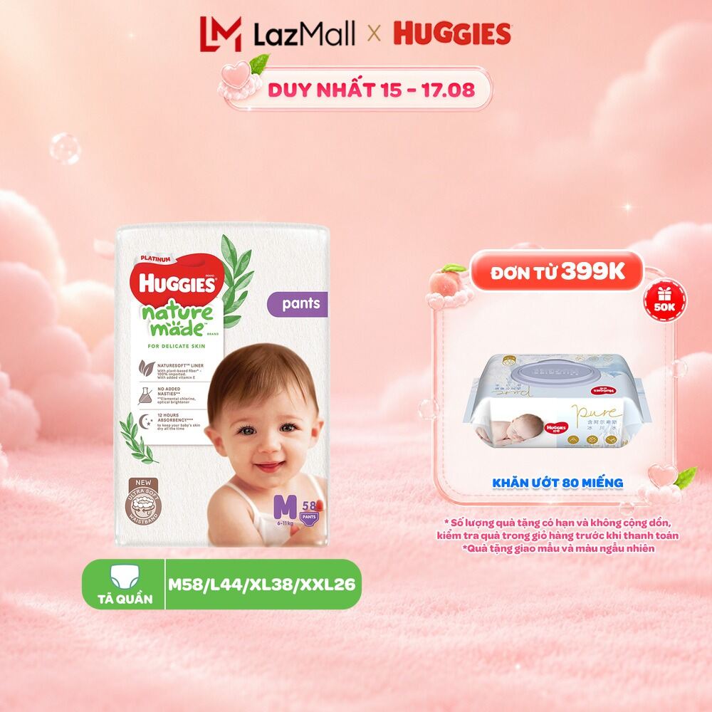 Tã/Bỉm quần Huggies NatureMade Platinum M58/ L44/ XL38/ XXL26/ XXXL28
