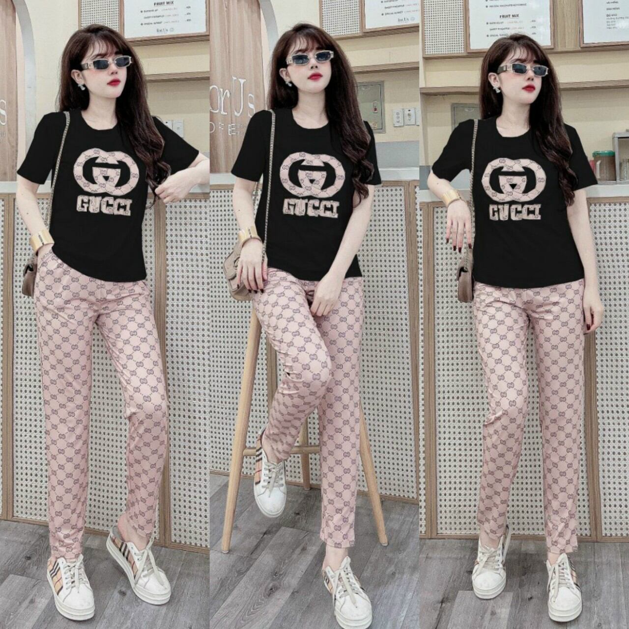 Sét bộ đồ nữ dạo phố phối sọc thêu logo sang trọng hàng cao cấp size từ 40-70kg