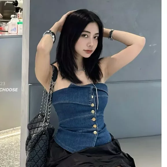 Áo ống jean cúp ngực, áo croptop đính cúc không đệm G122