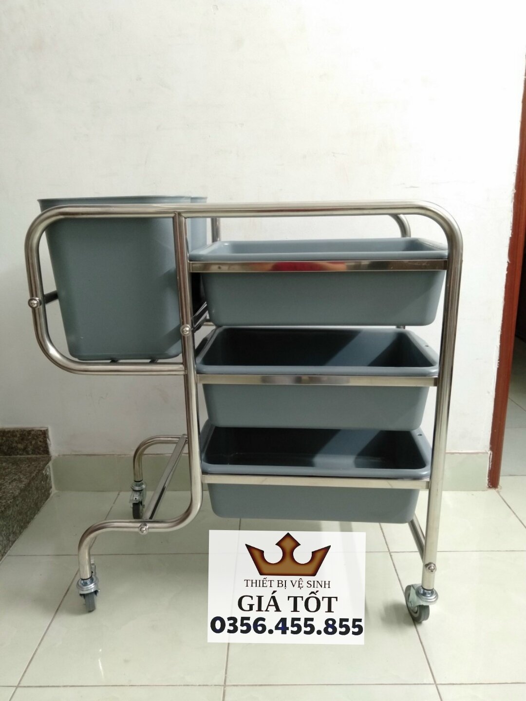 Xe đẩy thu dọn thức ăn,chén dĩa inox chân cong