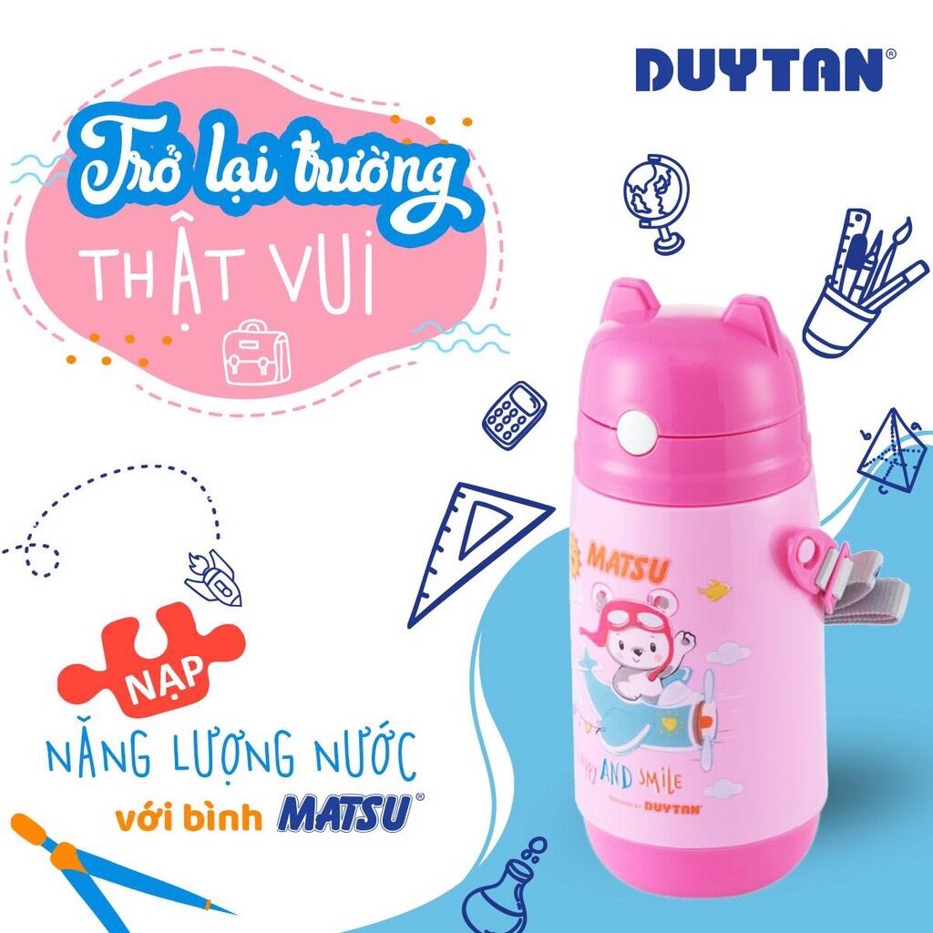 Bình nước học sinh matsu 400ml nhựa duy tân có ống hút tặng dây đeo bé trai bé gái