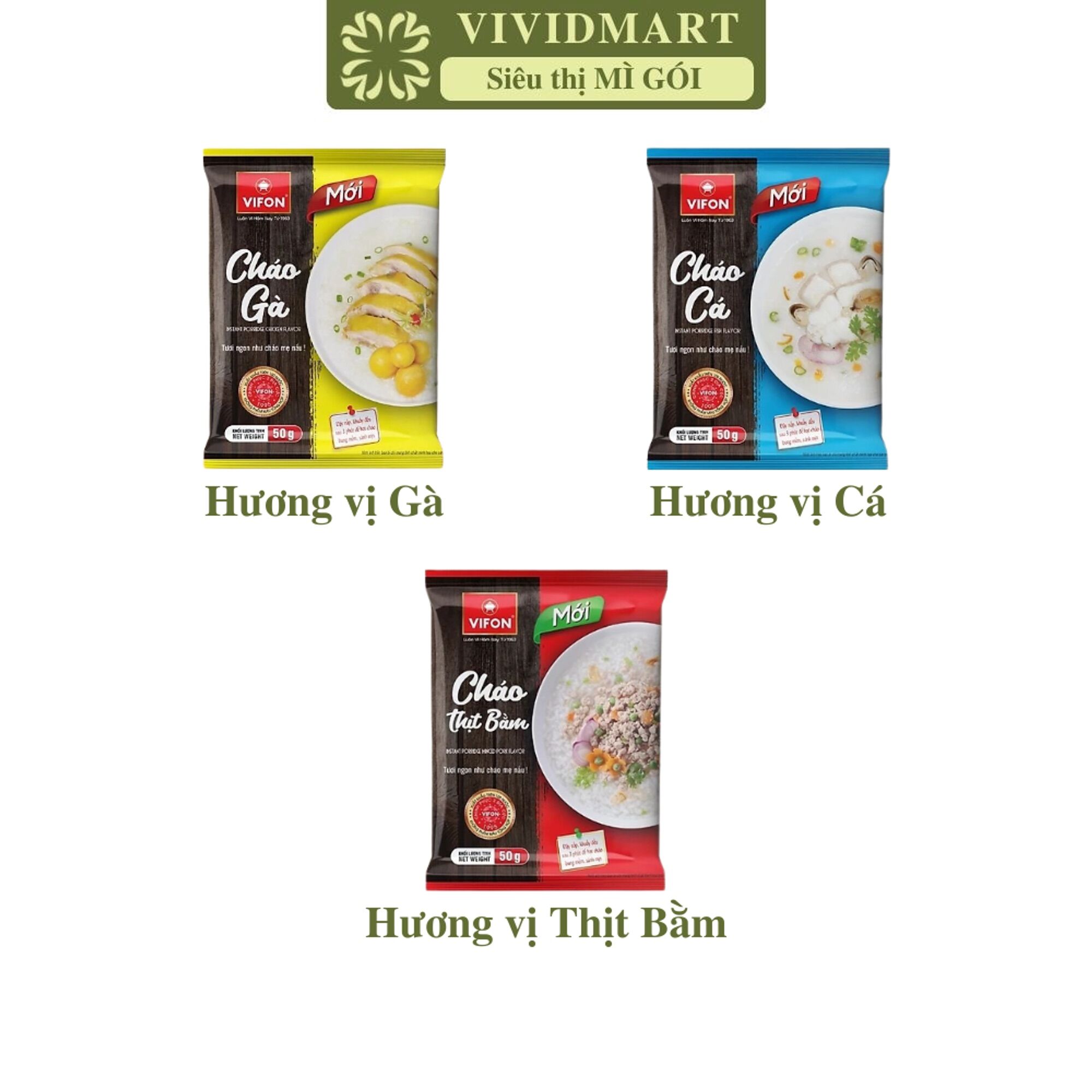[SET 10 GÓI] - VIFON - Cháo ăn liền Vifon gói 50g 3 vị: Gà, Cá, Thịt bằm (50g/gói) - Cháo ăn liền Vifon, Cháo Vifon gói ăn liền
