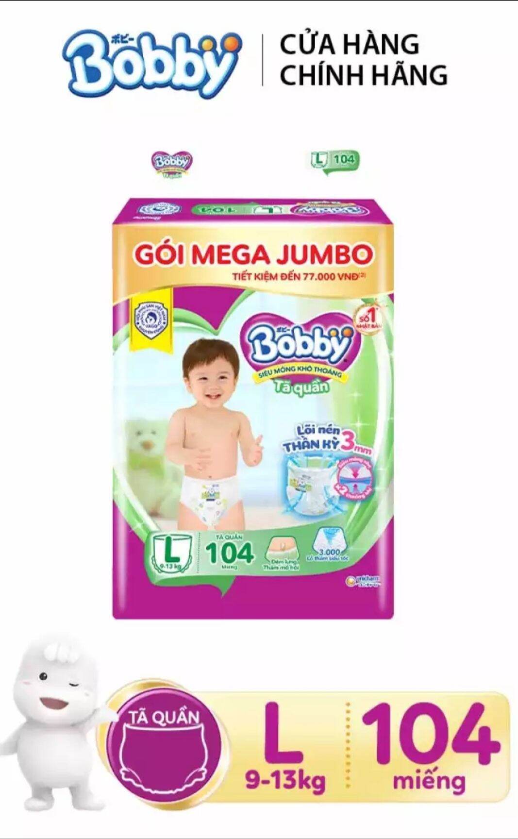 [Date 2026] Tã bỉm quần Bobby L 104 miếng, L104