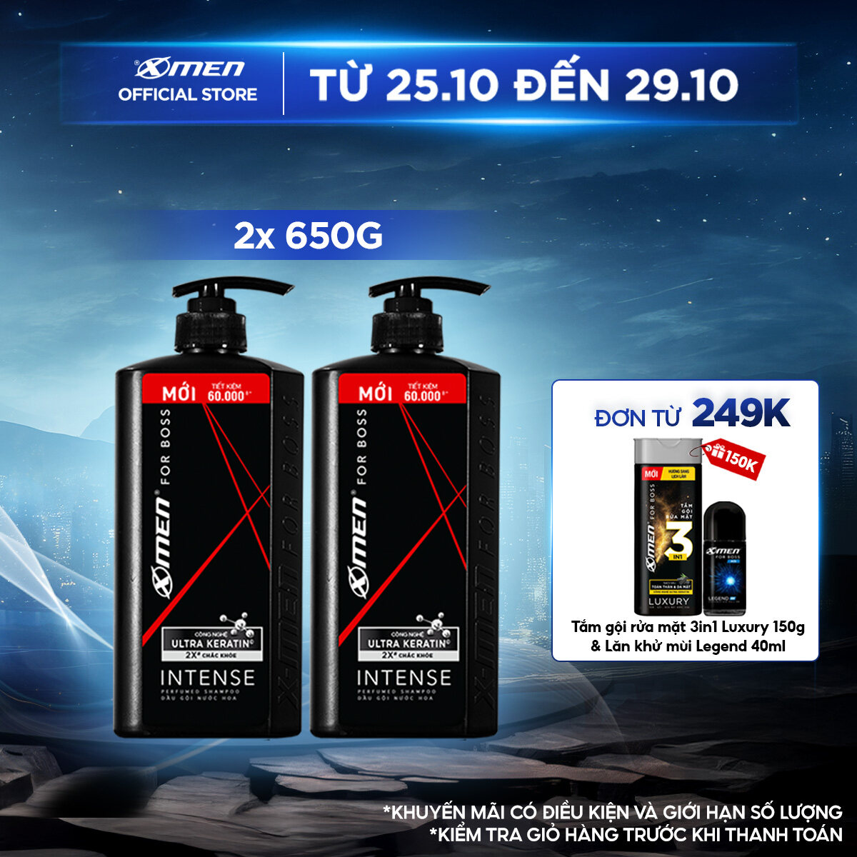 Combo 2 Dầu gội X-Men for Boss hương trầm đầy nội lực Intense với Ultra Keratin© mới 650g