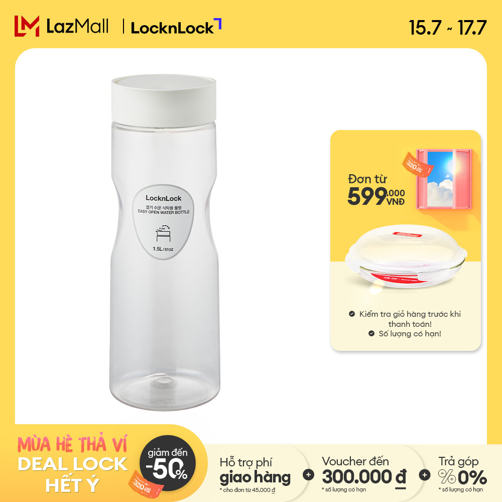 Bình nước nhựa Lock&Lock Easy Grip Water Bottle 1.5L HAP814 màu xám, trắng Nắp có quai cầm, bình trong suốt trong lượng nhẹ
