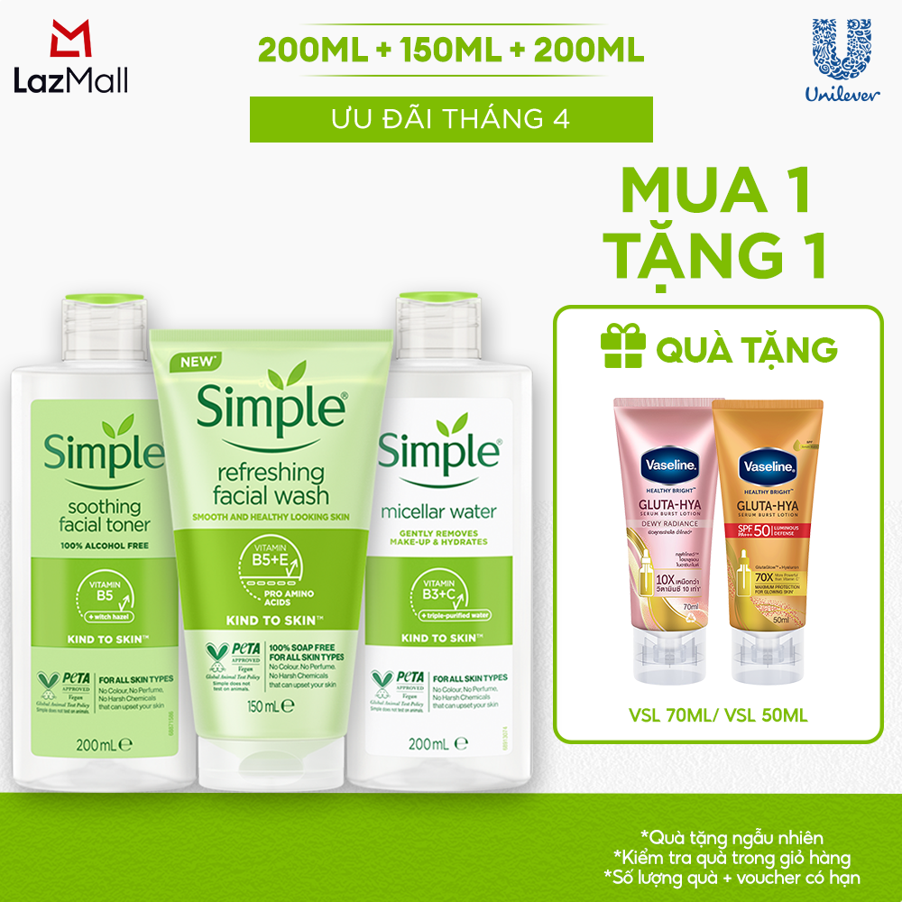 Combo Simple Tẩy trang Micellar 200ml + Sữa rửa mặt 150ml + Nước hoa hồng Toner 200ml cho da sạch khỏe đàn hồi [CHÍNH HÃNG ĐỘC QUYỀN]