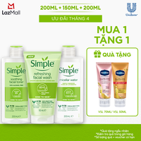 Combo Simple Tẩy trang Micellar 200ml + Sữa rửa mặt 150ml + Nước hoa hồng Toner 200ml cho da sạch khỏe đàn hồi [CHÍNH HÃNG ĐỘC QUYỀN]