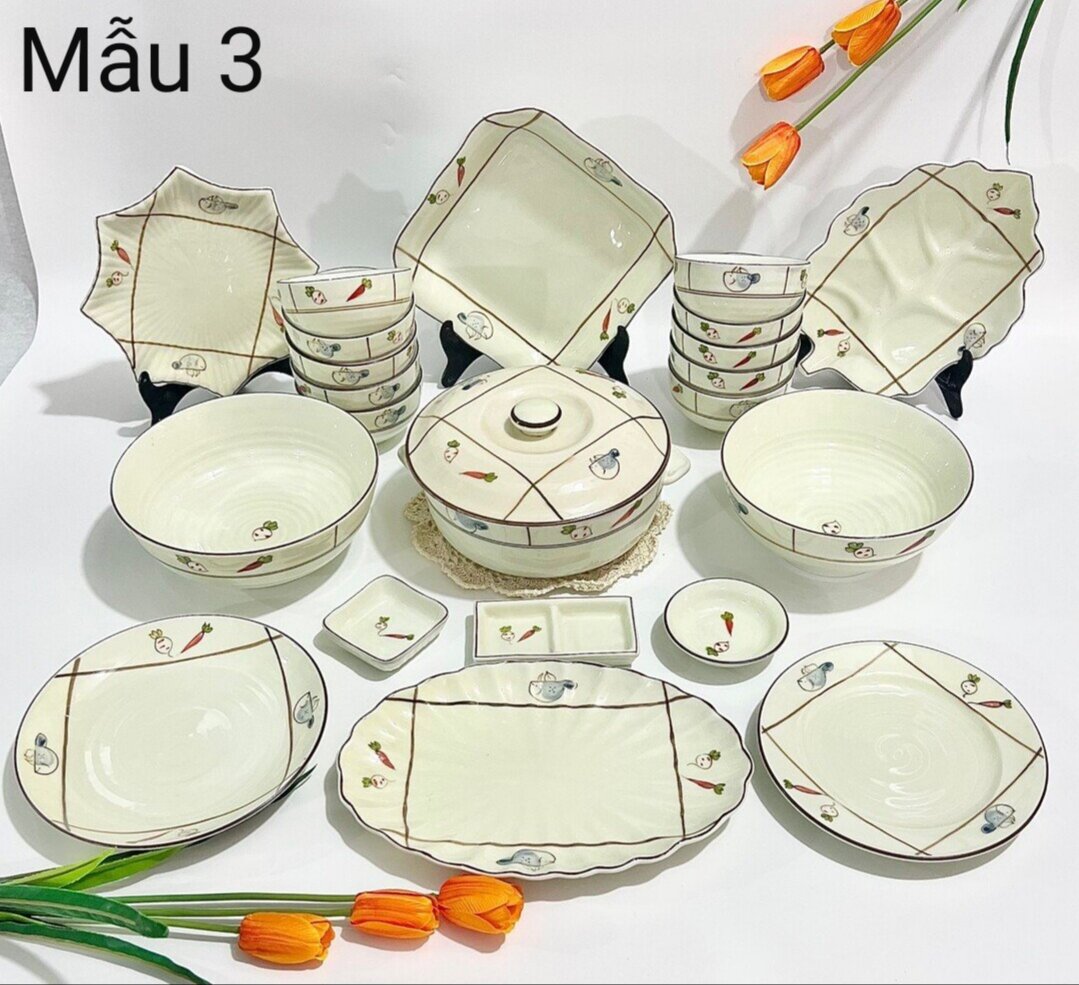 Bộ bát đĩa vẽ củ quả,hàng gốm sứ Bát Tràng.
