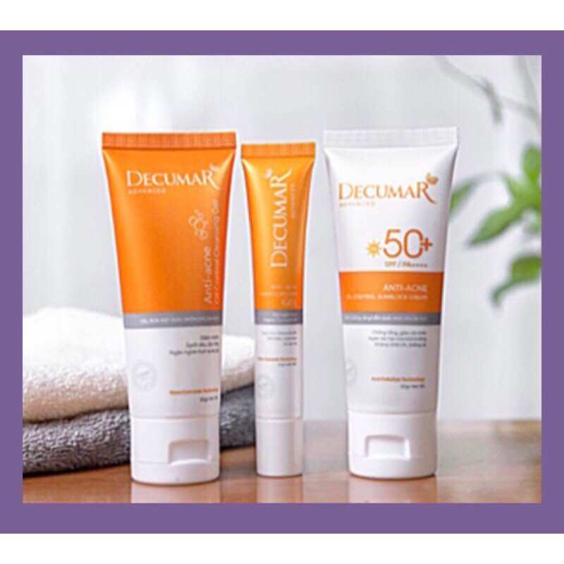 Combo sửa rửa mặt, kem chống nắng và kem bôi mụn dung tích 5ml DECUMAR advanced