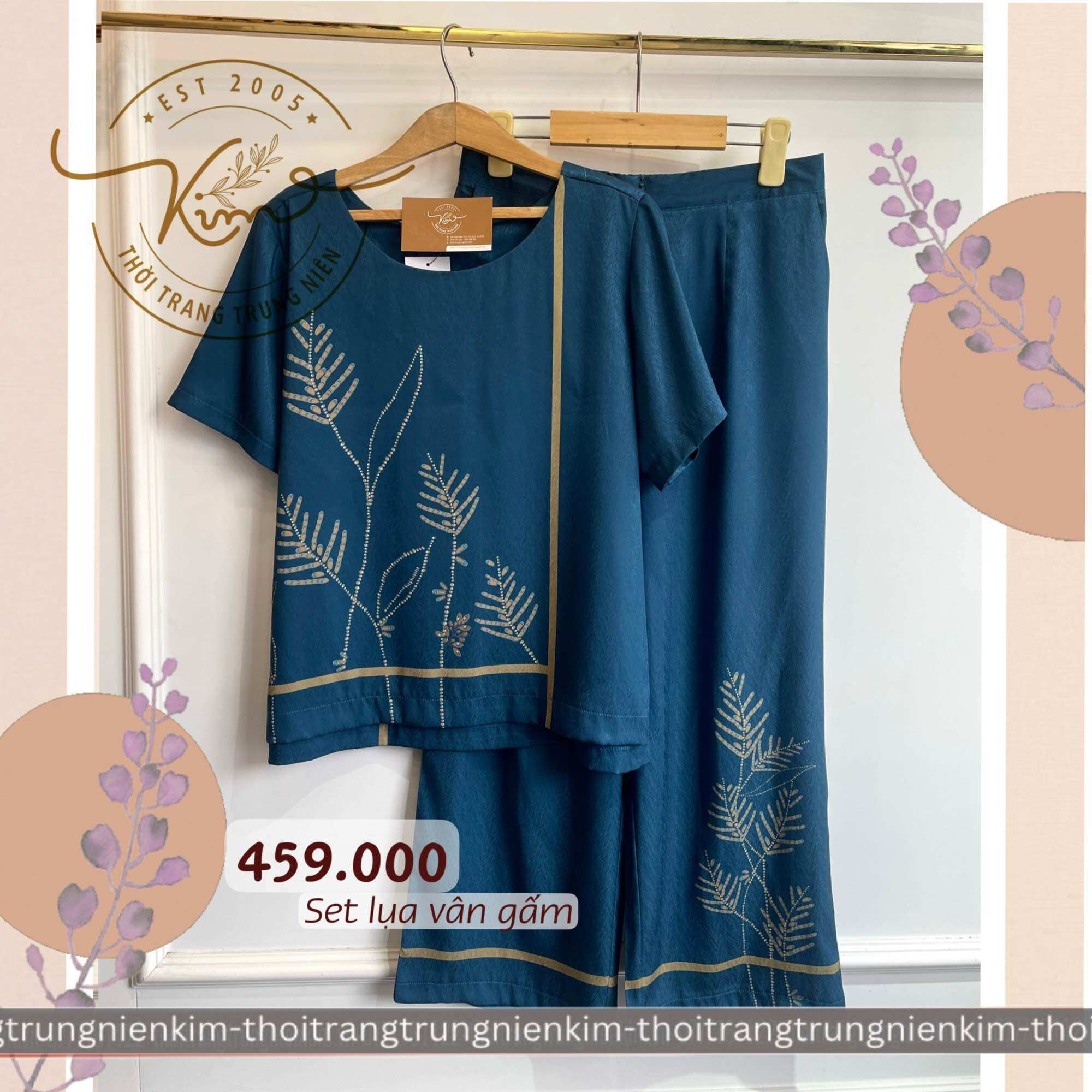 Sét bộ lụa vân gấm trung niên cao cấp họa tiết đơn giản sang trọng Bigsize quần dài 90cm