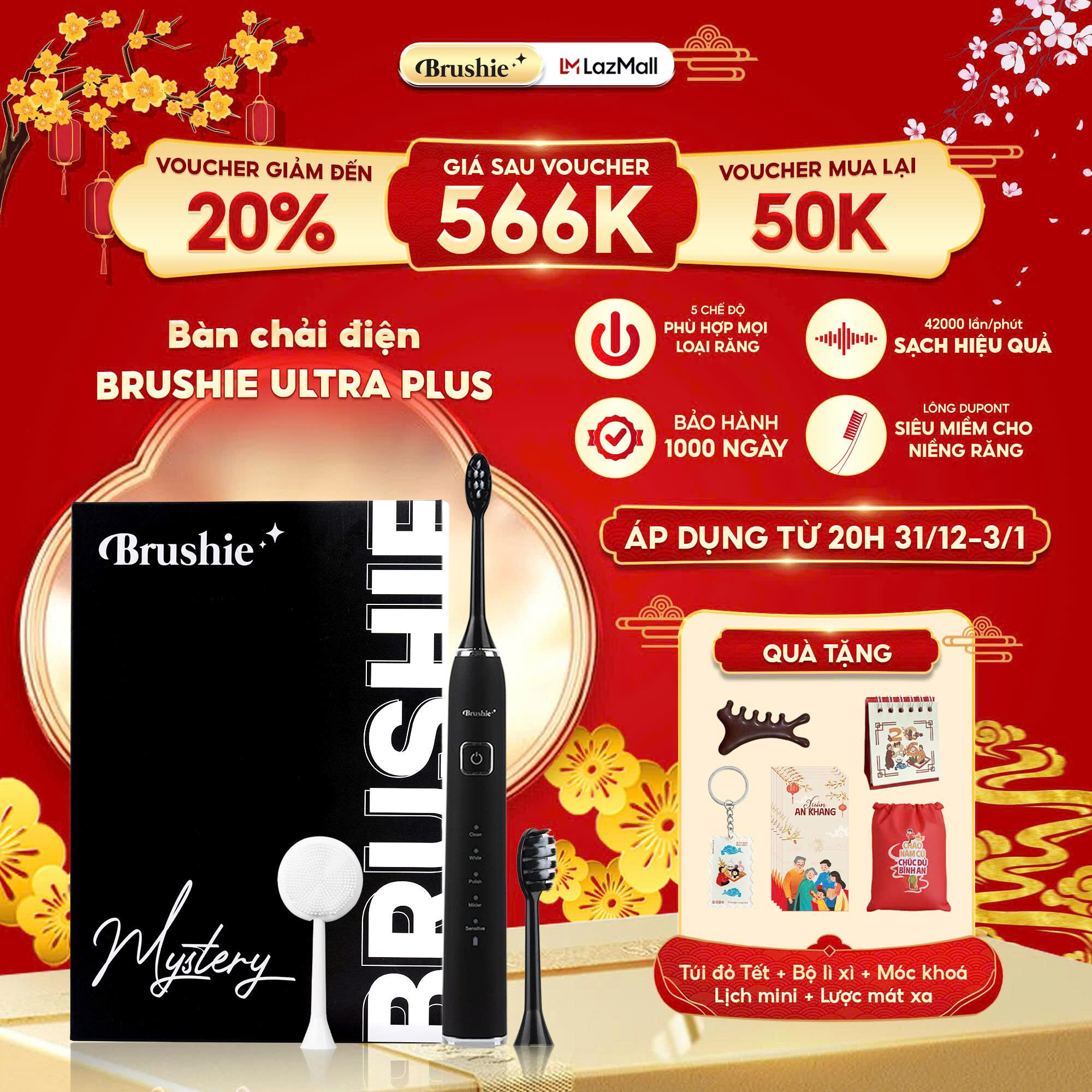  Bàn chải điện Brushie Ultra Plus 5 chế độ bàn chải phù hợp cho cả người niềng răng - Hàng chính hãng 