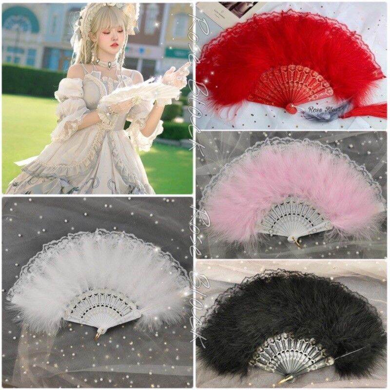 Quạt ren phối lông vũ lolita, quạt cầm tay chụp hình concept, quạt vũ vũ đạo