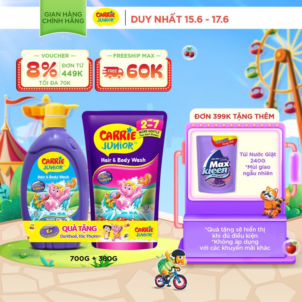 [Tặng kèm túi 380g] Sữa Tắm Gội cho bé Carrie Junior Hương Trái Cây Thiên Nhiên 700g