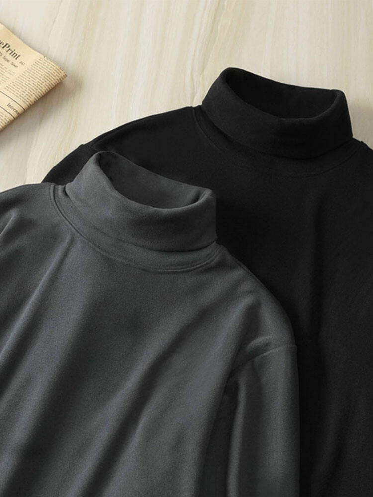 Áo Thun Nam Mùa Đông Dày Dặn Dài Tay Cổ Cao Lót Lông Cừu Màu Trơn Ôm Vừa Vặn Áo Lót Mặc Trong