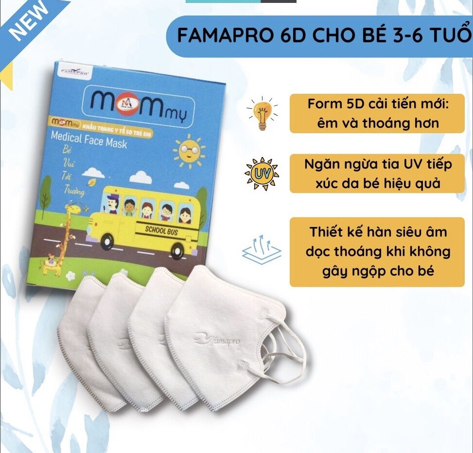 Hộp 10 cái khẩu trang 6d Famapro kids mask/khẩu trang trẻ em Mommy Famapro từ 3-10 tuổi