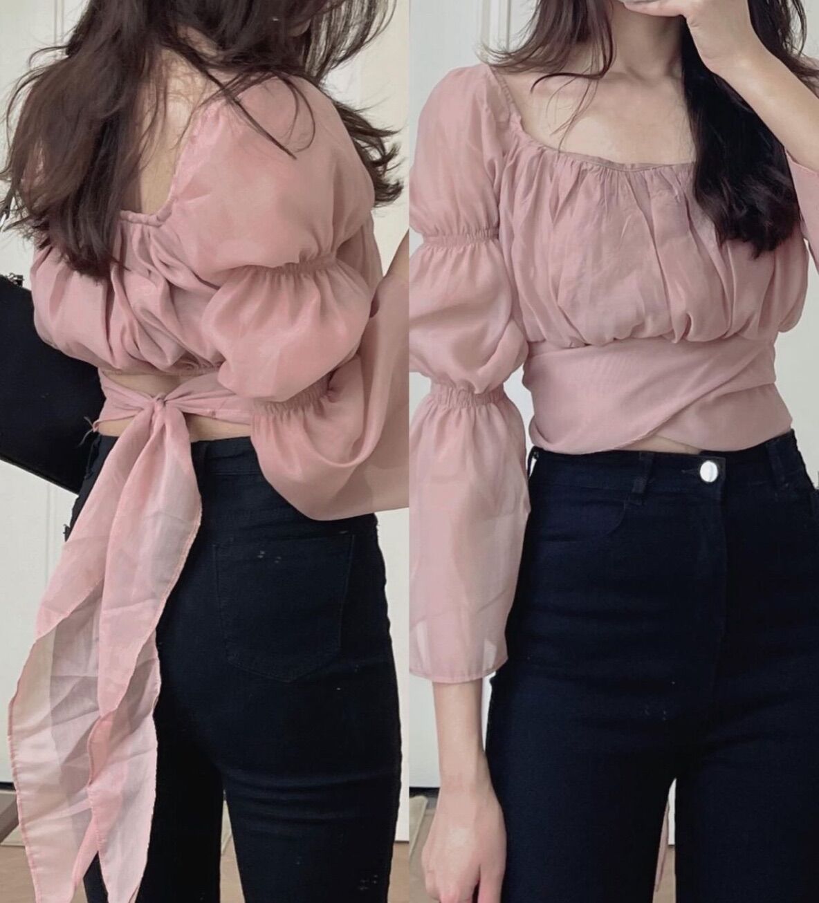 Áo croptop cột eo tay phồng chất voan mịn tiểu thư siêu hot