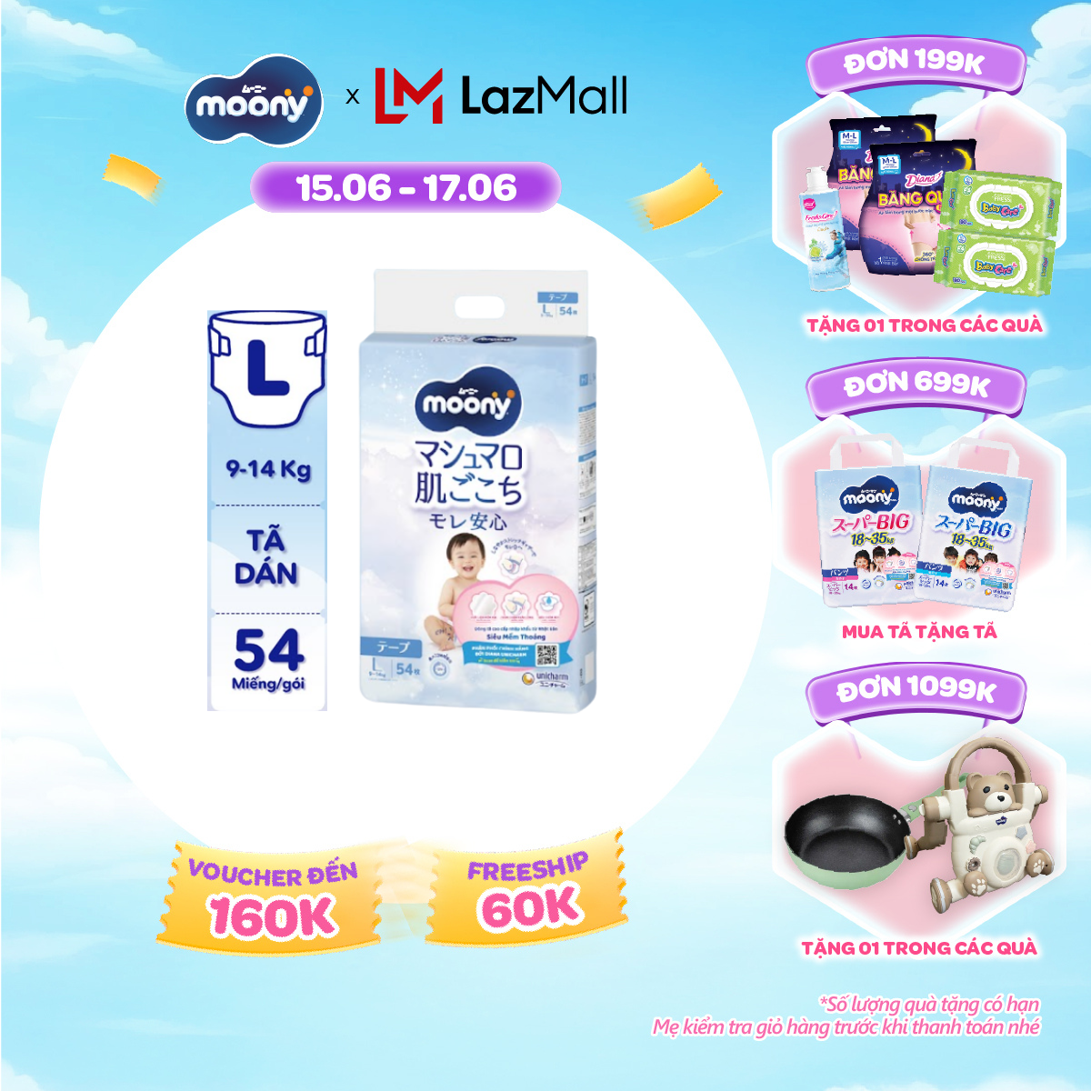 [SALE GIỮA THÁNG tặng QUÀ TO-SLCH] Tã dán cao cấp Moony L54 miếng - Nhập khẩu từ Nhật Bản