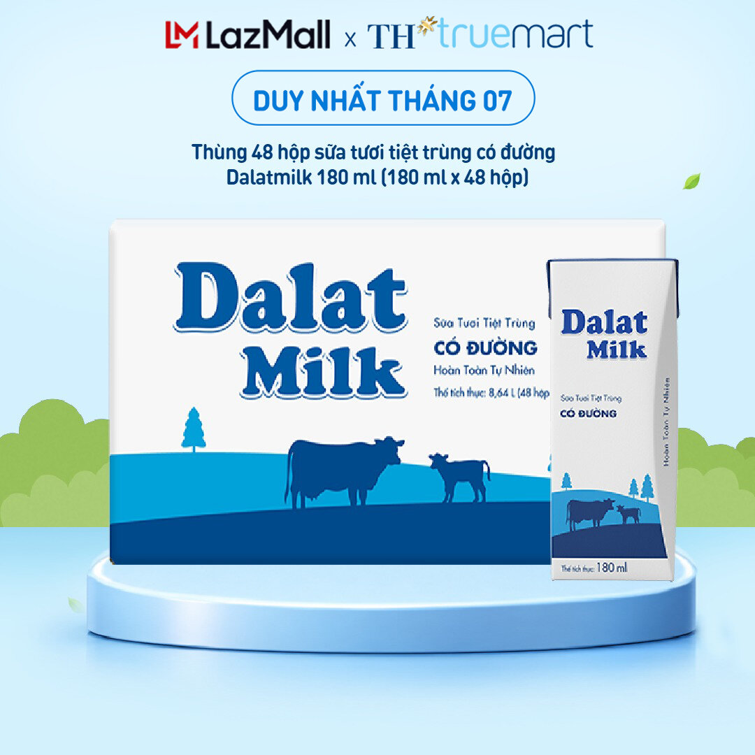 Thùng 48 hộp sữa tươi tiệt trùng  Dalatmilk có đường 180 ml (180 ml x 48)