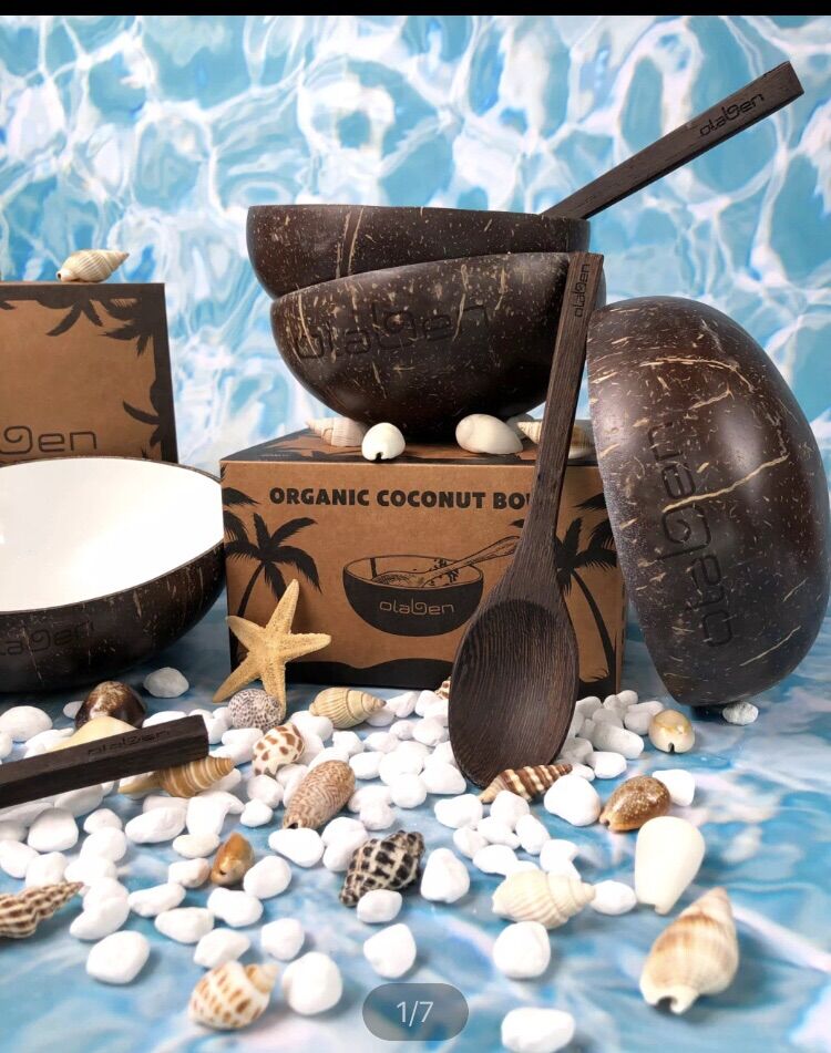 Olaben nutrition combo 1 chén gáo dừa tráng men sứ + 1 muỗng gỗ dừa handcarved coco