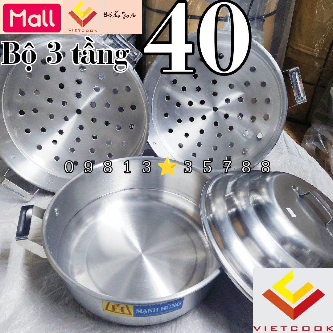 Bộ xửng hấp 3 tầng size 40 nhôm Mạnh Hùng chuyên hấp bánh bao, xôi và thực phẩm, bộ 3 tầng bao gồm 1 đáy và 2 ngăn hấp