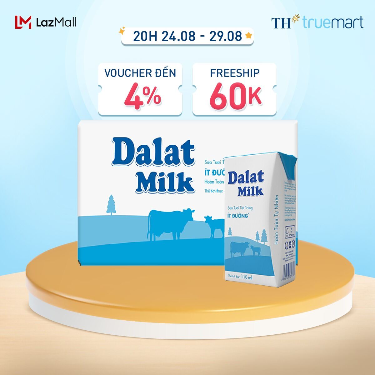 Thùng 48 hộp sữa tươi tiệt trùng Dalatmilk ít đường 110 ml