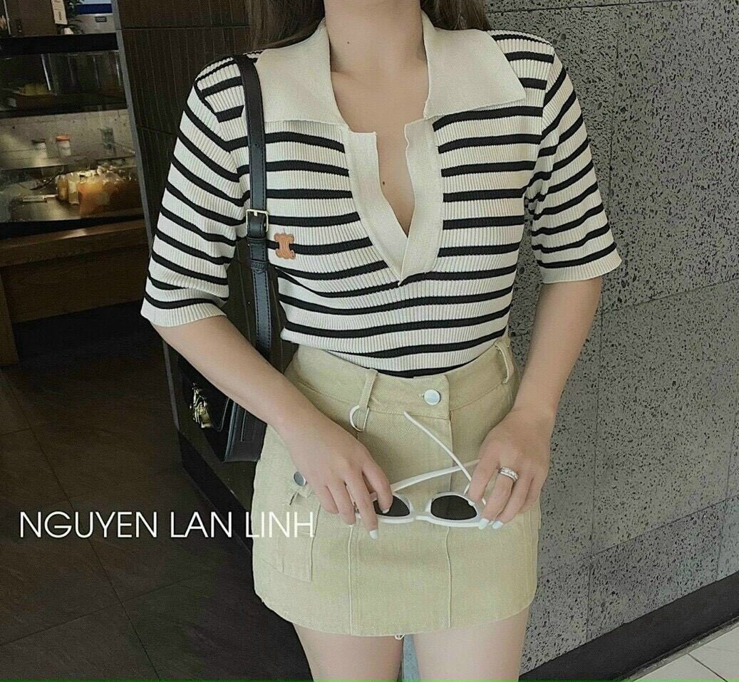 Áo sọc cổ trụ gắn chữ TS
